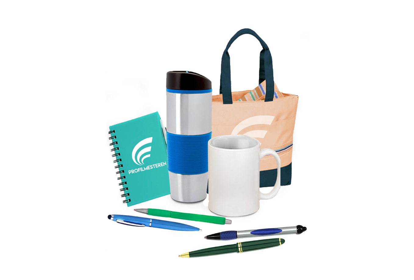 Profilmesteren reklameartikler med notatbok, termokopp, kaffekrus, handlenett og penner med logo